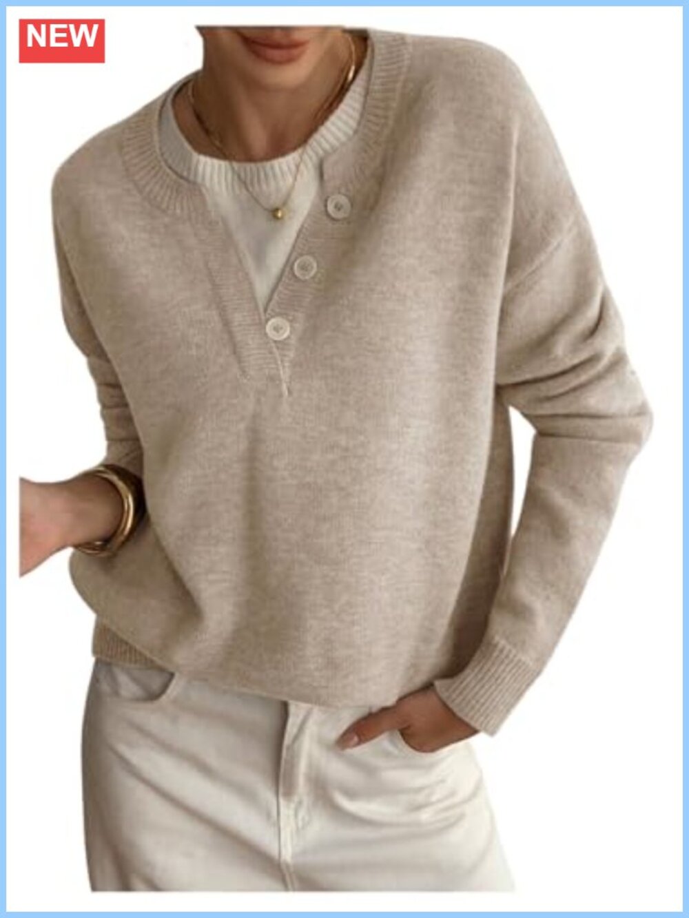 Womens Button Front Henley Pullover Sweater Long Sleeve Business Casual
